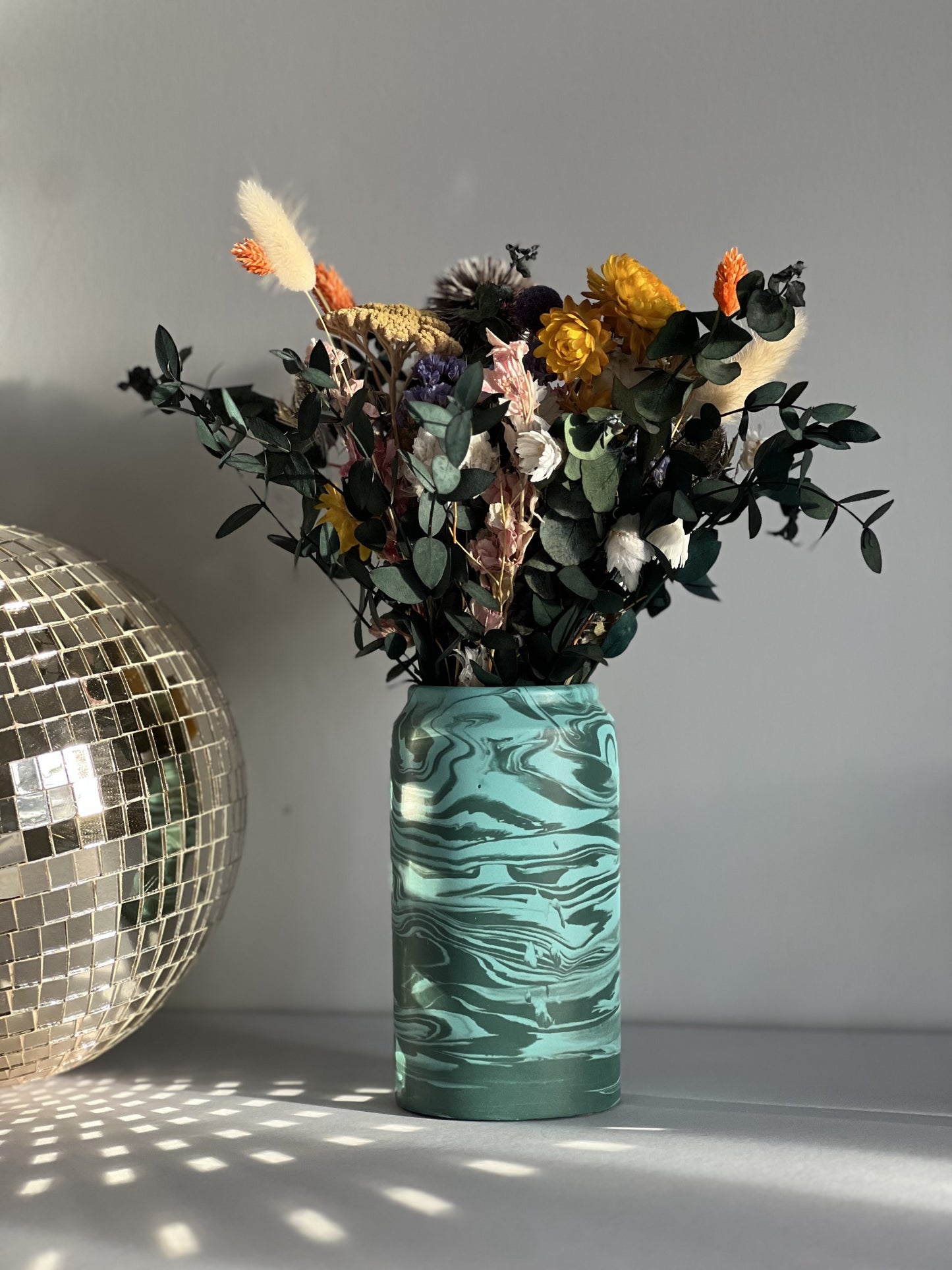 Teal marbled vase