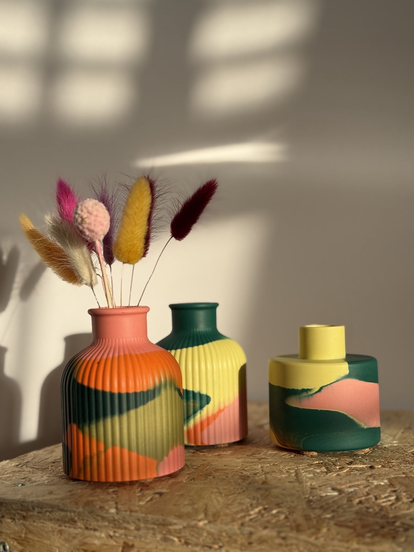 Marbled Teal, Orange, Pink and Green Decorative Vases